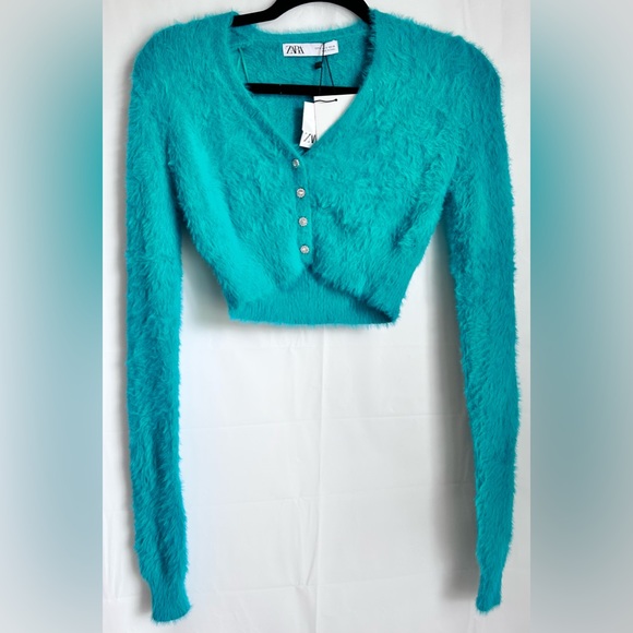 NWT ZARA Faux Fur Crop Sweater Cardigan- Teal - Picture 10 of 11